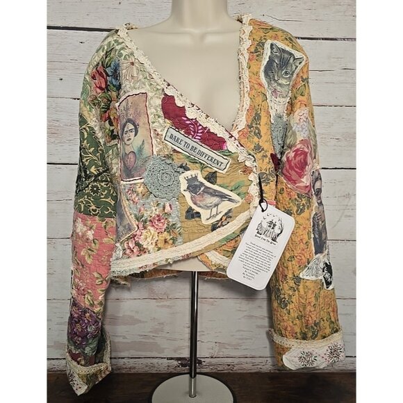 OOAK Magnolia Boho Quilted Jacket Frida Cat Bird Gypsy Patchwork Vtg INDIE sz XL - Picture 2 of 16